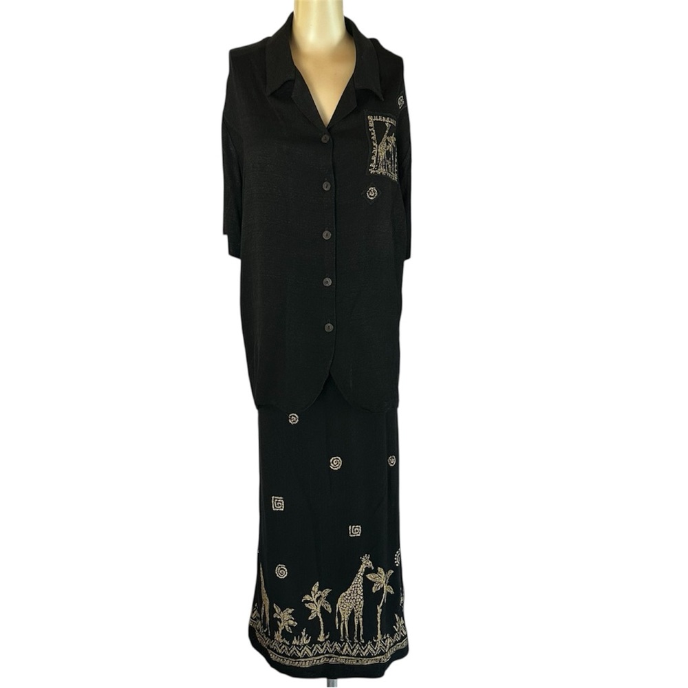 Alfred Dunner Black Safari Print Button Top With Maxi Skirt Side Split 20W